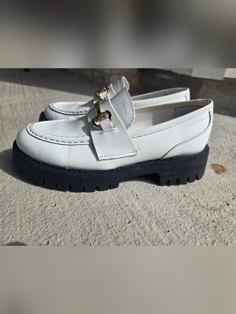 Steve Madden White Leather Chunky Lug Loafers with Gold Bit - Picture 4 of 5